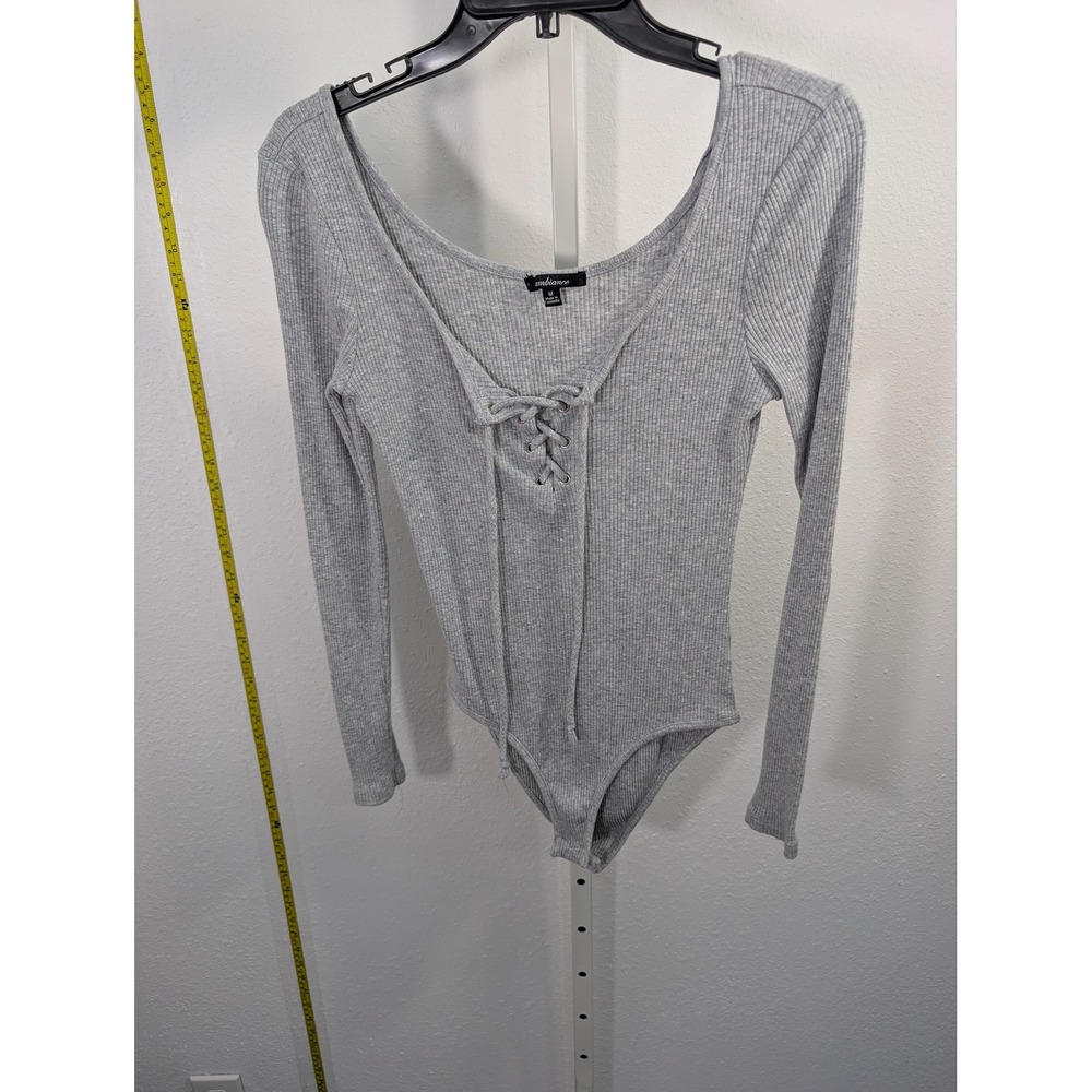 Ambiance Heather Grey Ribbed Lace Up Long Sleeve Bodysuit Medium